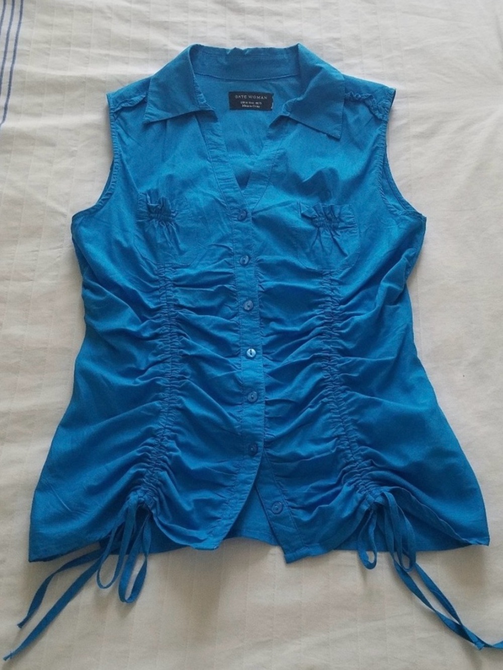 Sleeveless Turquoise Blue Ruched V-neck Casual Top